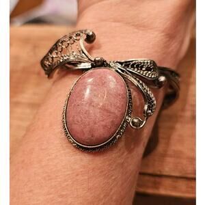 VTG Pink Rhodochrosite Cabochon & Filigree Sterling Silver Cuff Bracelet